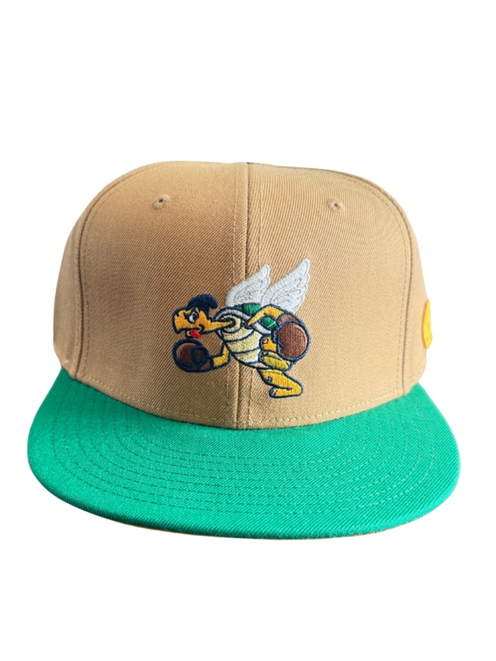 Men’s fitted Tan and Green Snapback Hat with Embroidered turtle Character